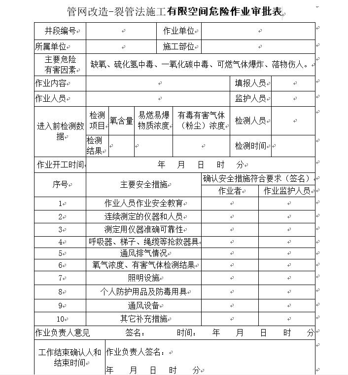 非开挖施工有限空间危险作业审批表